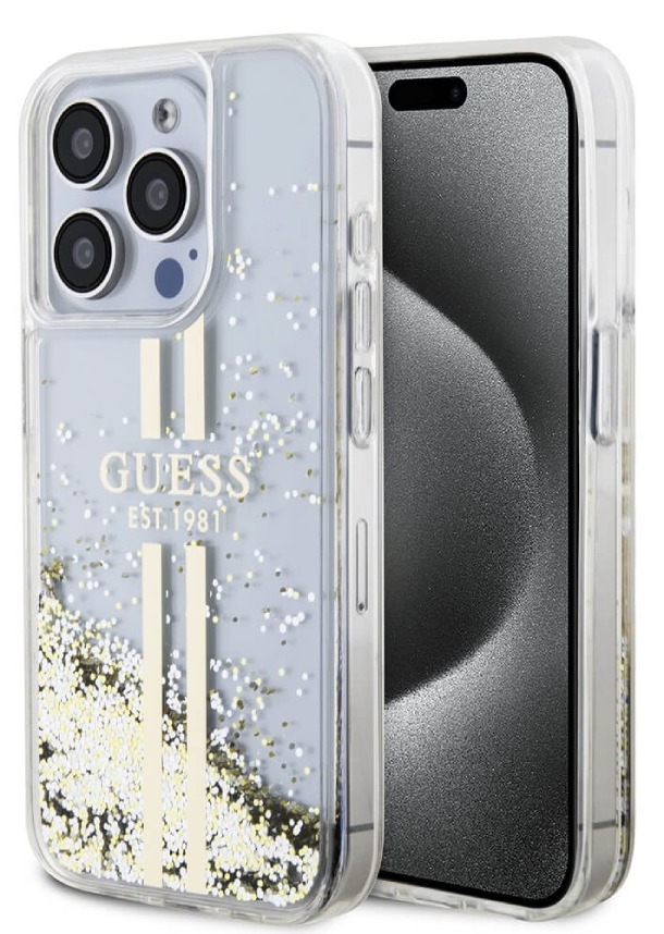 Чехол Guess для iPhone 15 Pro Max, Liquid Glitter Gold Stripes Hard Transparent, Золотой