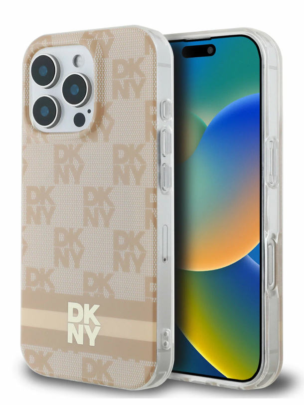 Чехол DKNY для iPhone 16 Pro Max, PC/TPU MagSafe Клетчатый принт в полоску, Розовый