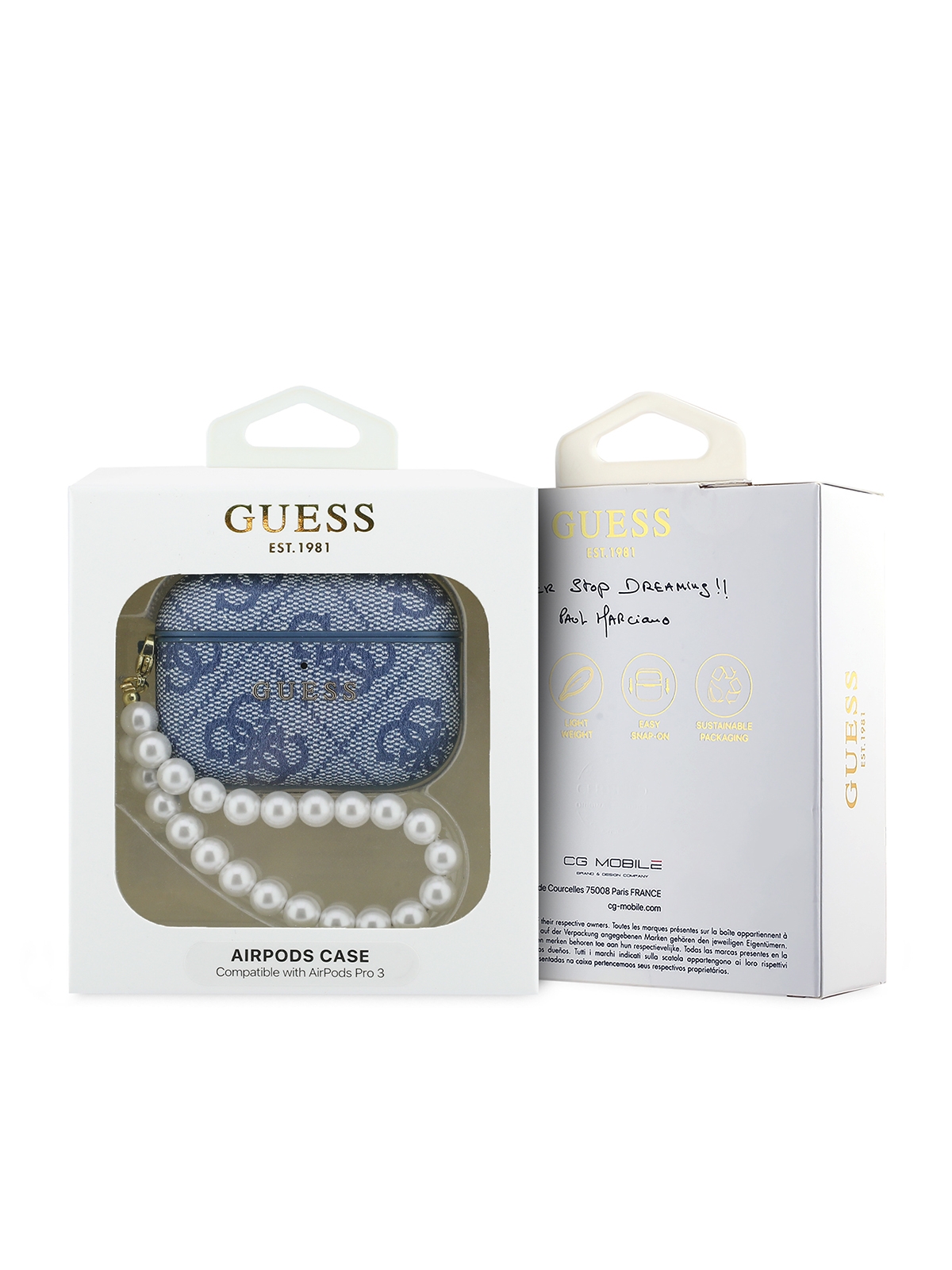 Чехол Guess для Airpods Pro 3 PU leather 4G with Classic metal logo and Pearl hand strap, Синий