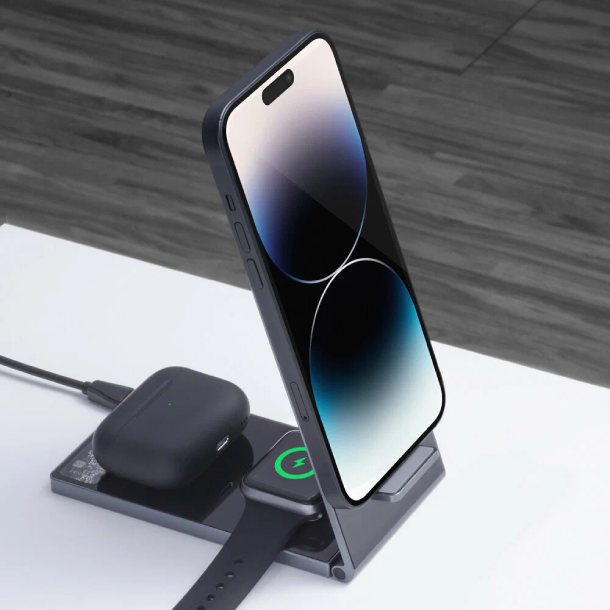Беспроводная зарядная станция Deppa 3 в 1 MagSafe Crystal Stand QI складная, черная