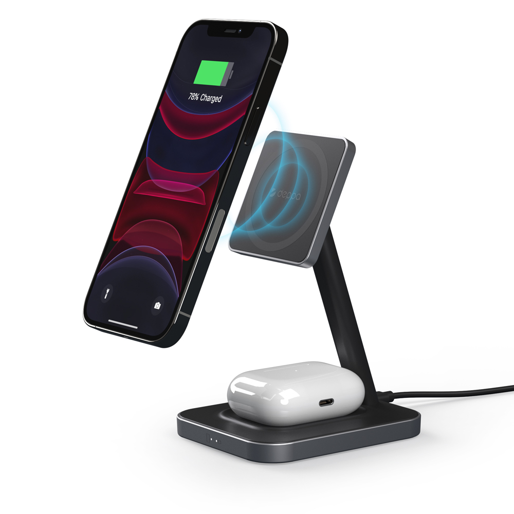Зарядная станция Deppa 2 в 1 MageSafe Stand: iPhone, Airpods, 20W, черная
