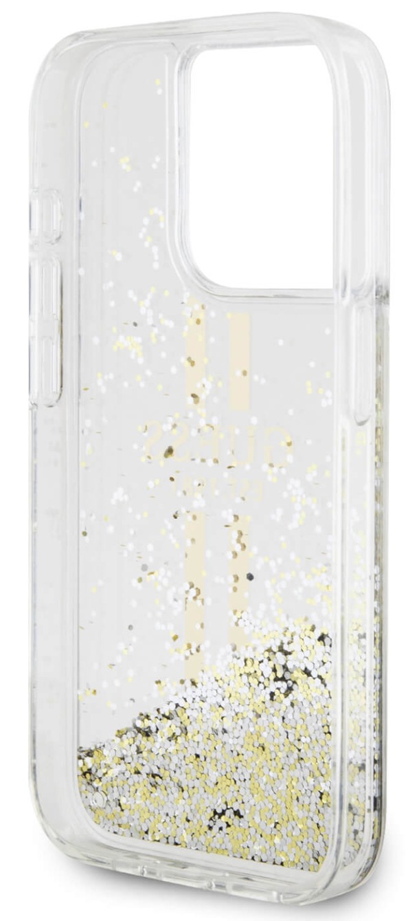 Чехол Guess для iPhone 15 Pro Max, Liquid Glitter Gold Stripes Hard Transparent, Золотой